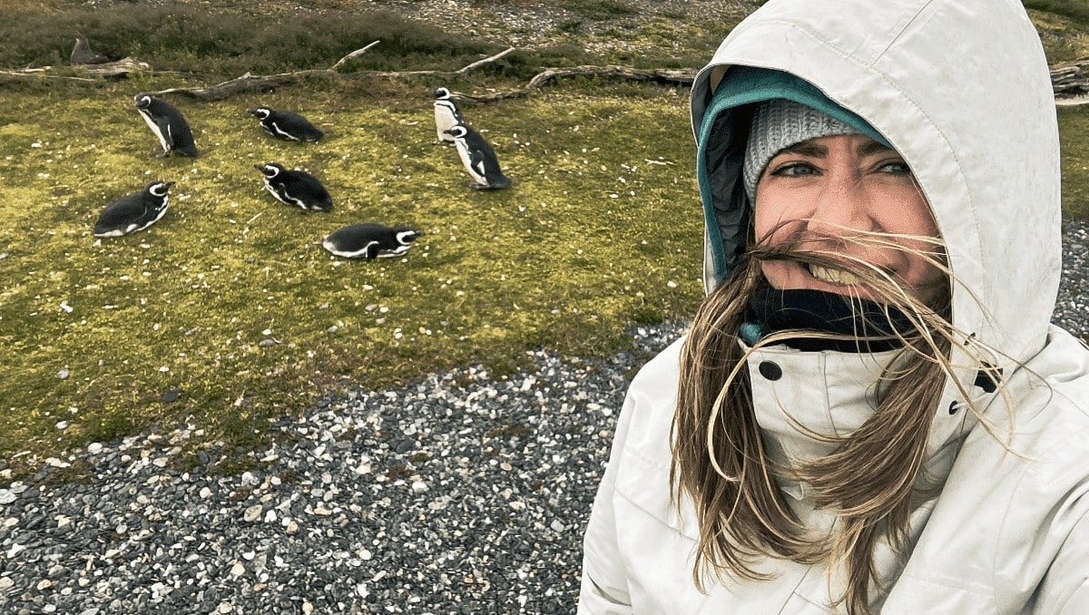 Selfie com pinguins na Isla Martillo em Ushuaia